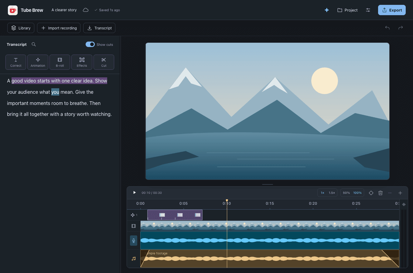 Tube Brew editor with a transcript, video preview and layered timeline.